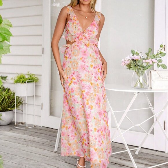 Pink Boho Women's Elegant V-Neck Ruffle Trim Floral Print Dress - Picture 6 of 6